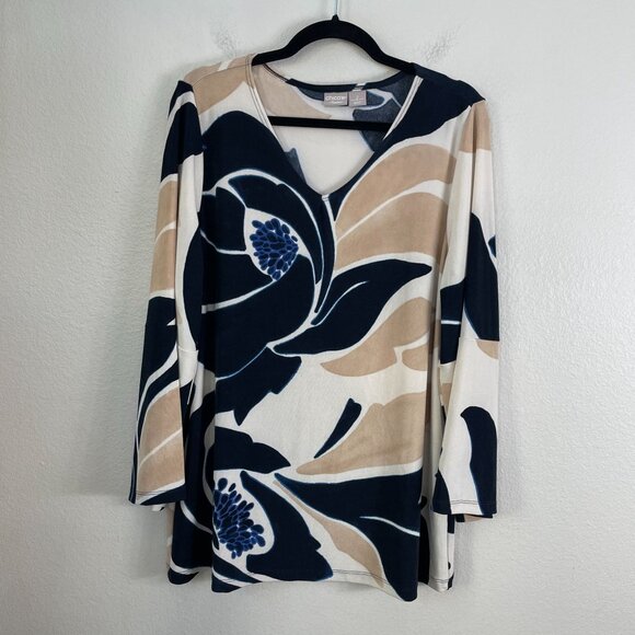 Chicos Travelers Womens 12/14 Floral Tunic Top Slinky Stretch Knit Shirt V Neck - Picture 7 of 10
